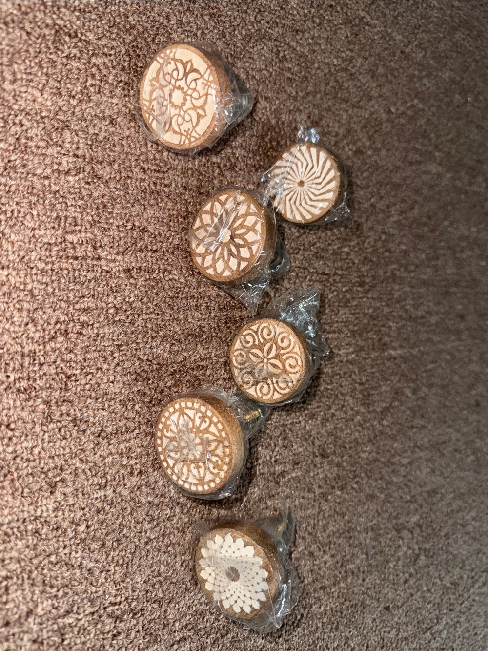 Wooden Boho Drawer Knobs- Set of 6 - White Inlay Patterns
